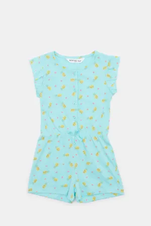 Infant Girls Blue Pineapple Printed Jumpsuit