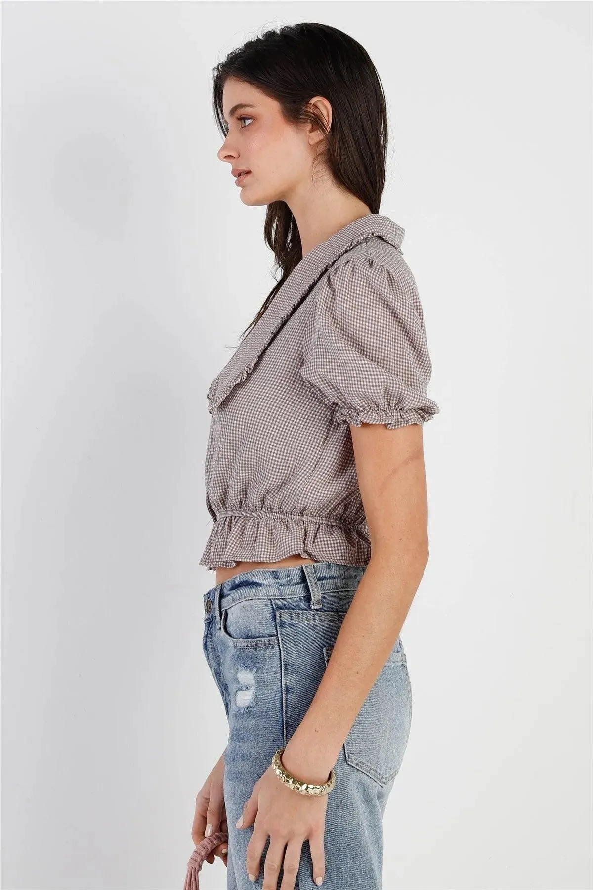 Ivory Brown Plaid Textured Button Up Detail Collared Short Puff Sleeve Crop Top /3-2-1