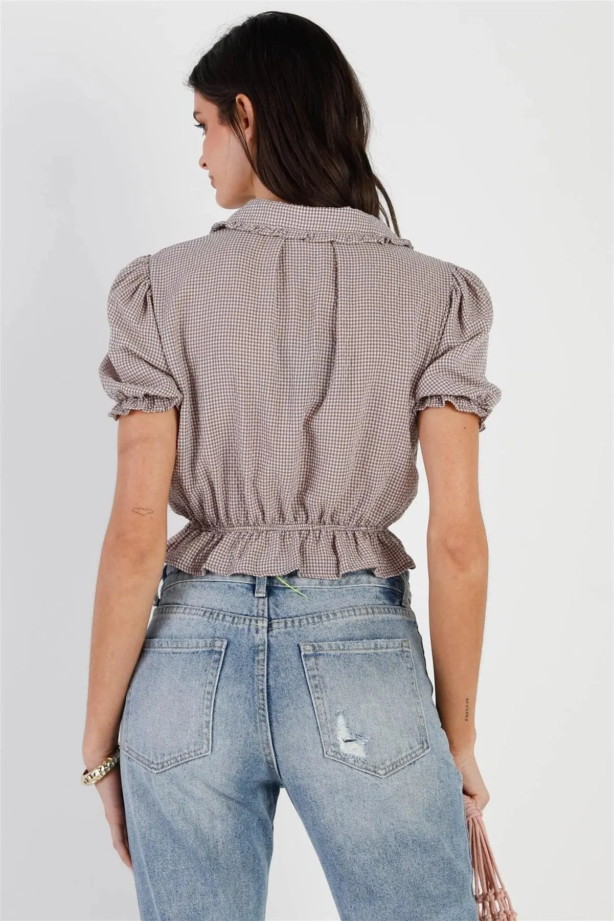 Ivory Brown Plaid Textured Button Up Detail Collared Short Puff Sleeve Crop Top /3-2-1