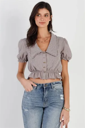 Ivory Brown Plaid Textured Button Up Detail Collared Short Puff Sleeve Crop Top /3-2-1
