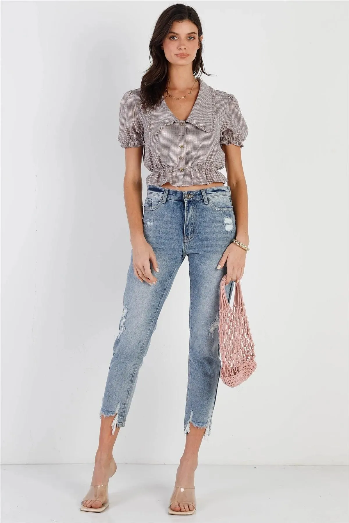 Ivory Brown Plaid Textured Button Up Detail Collared Short Puff Sleeve Crop Top /3-2-1