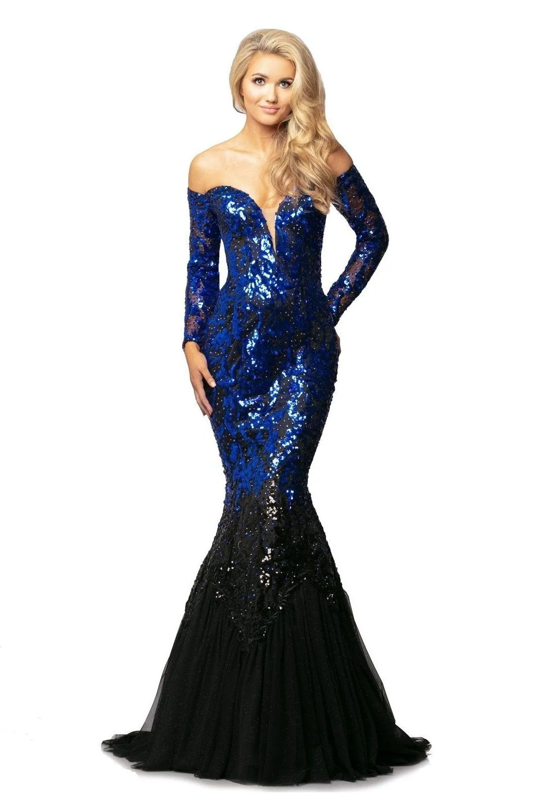 Johnathan Kayne 2062 Size 4, 6, 8 Off the Shoulder Evening Gown Sequin Mermaid Pageant Dress Long Sleeves