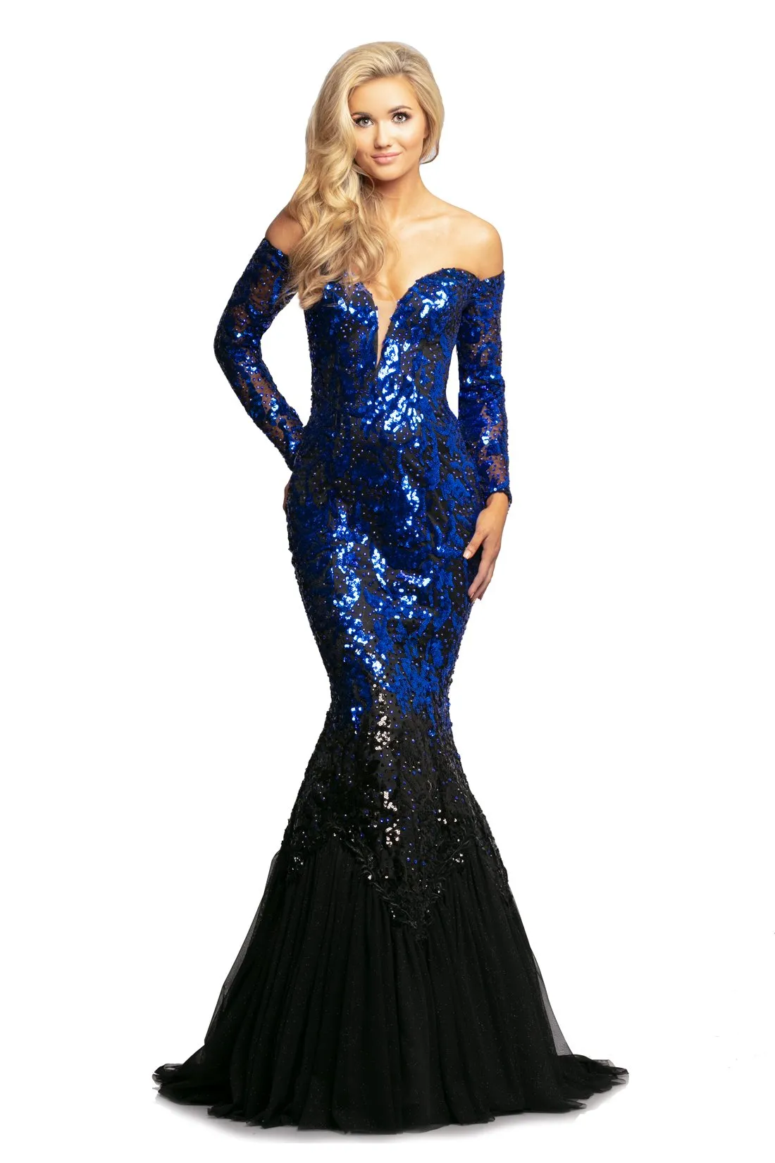 Johnathan Kayne 2062 Size 4, 6, 8 Off the Shoulder Evening Gown Sequin Mermaid Pageant Dress Long Sleeves