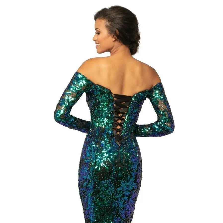 Johnathan Kayne 2062 Size 4, 6, 8 Off the Shoulder Evening Gown Sequin Mermaid Pageant Dress Long Sleeves