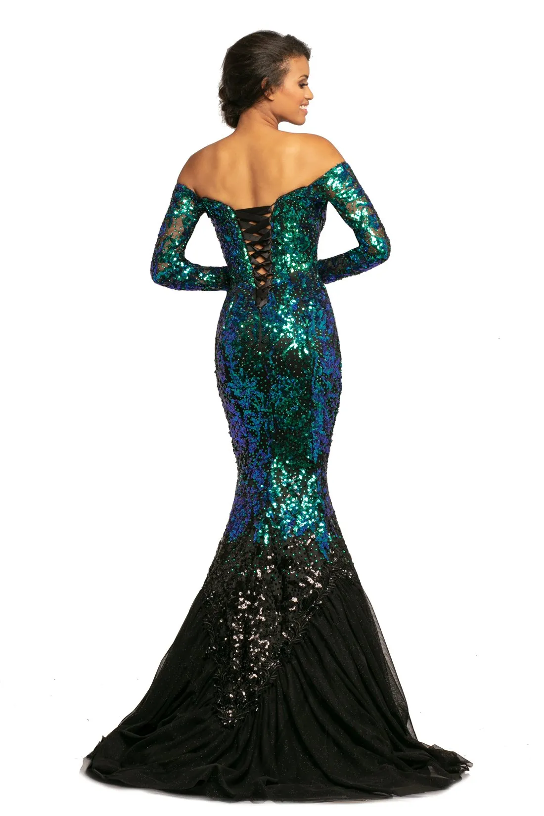 Johnathan Kayne 2062 Size 4, 6, 8 Off the Shoulder Evening Gown Sequin Mermaid Pageant Dress Long Sleeves