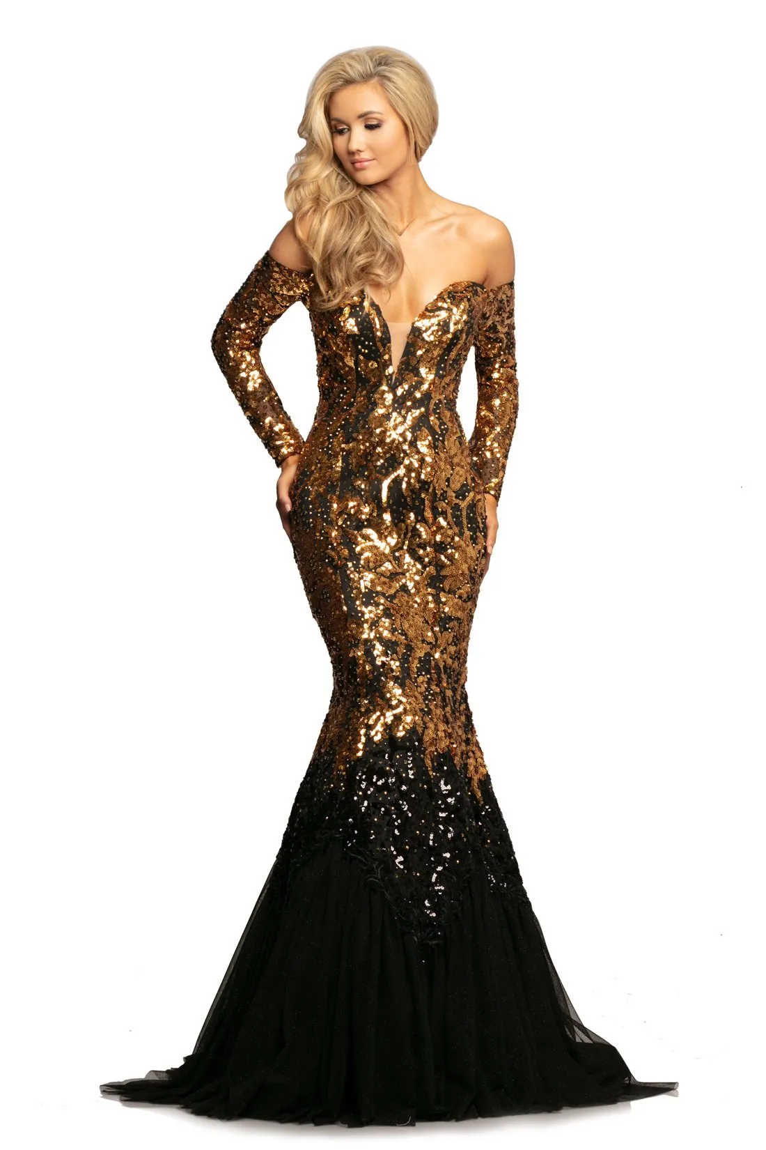 Johnathan Kayne 2062 Size 4, 6, 8 Off the Shoulder Evening Gown Sequin Mermaid Pageant Dress Long Sleeves