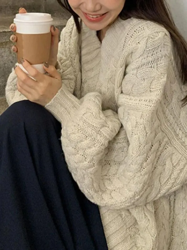 Joskaa V Neck Pullover Cable Knit Sweater