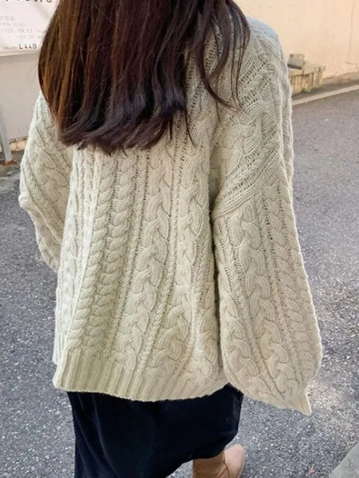 Joskaa V Neck Pullover Cable Knit Sweater