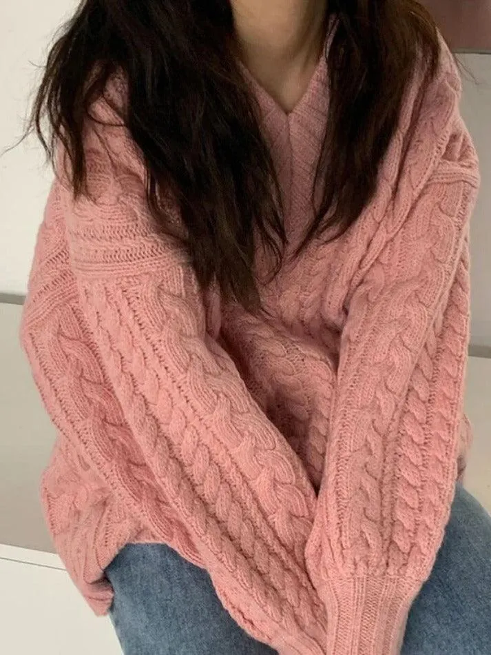 Joskaa V Neck Pullover Cable Knit Sweater
