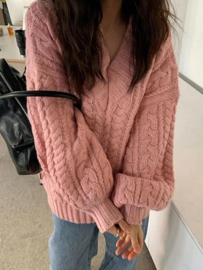Joskaa V Neck Pullover Cable Knit Sweater