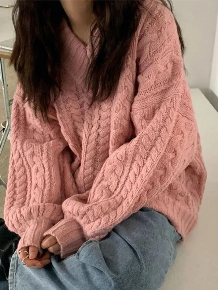 Joskaa V Neck Pullover Cable Knit Sweater