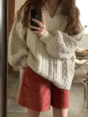 Joskaa V Neck Pullover Cable Knit Sweater