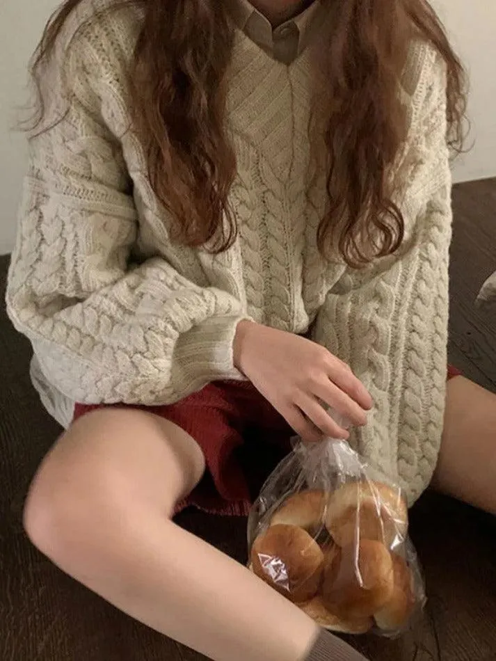 Joskaa V Neck Pullover Cable Knit Sweater