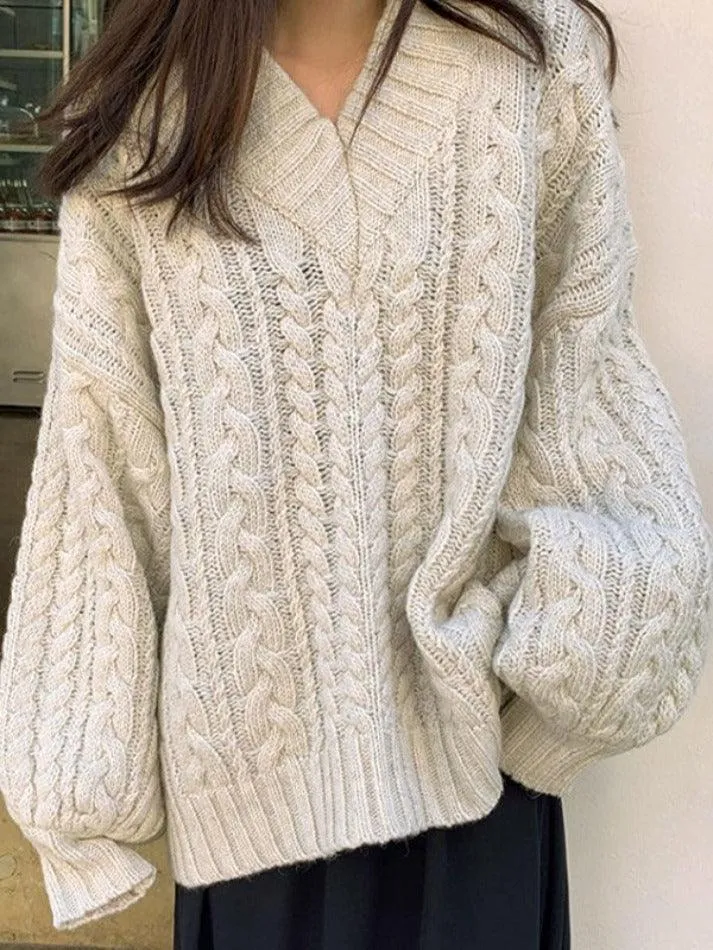 Joskaa V Neck Pullover Cable Knit Sweater