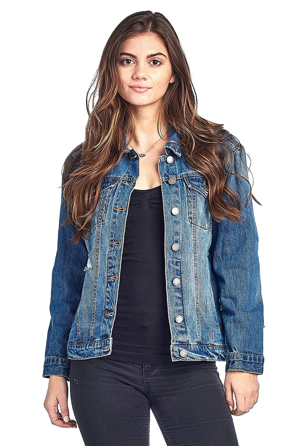 Khanomak Classic Long Jean Distress Oversized Denim Basic Collar Button Front Jacket