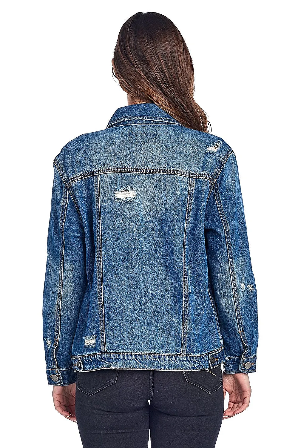 Khanomak Classic Long Jean Distress Oversized Denim Basic Collar Button Front Jacket