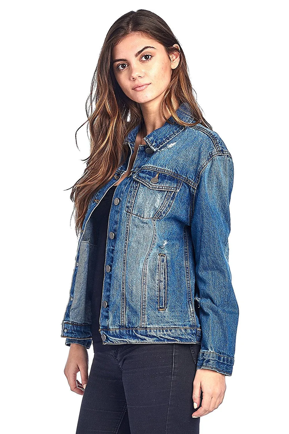 Khanomak Classic Long Jean Distress Oversized Denim Basic Collar Button Front Jacket
