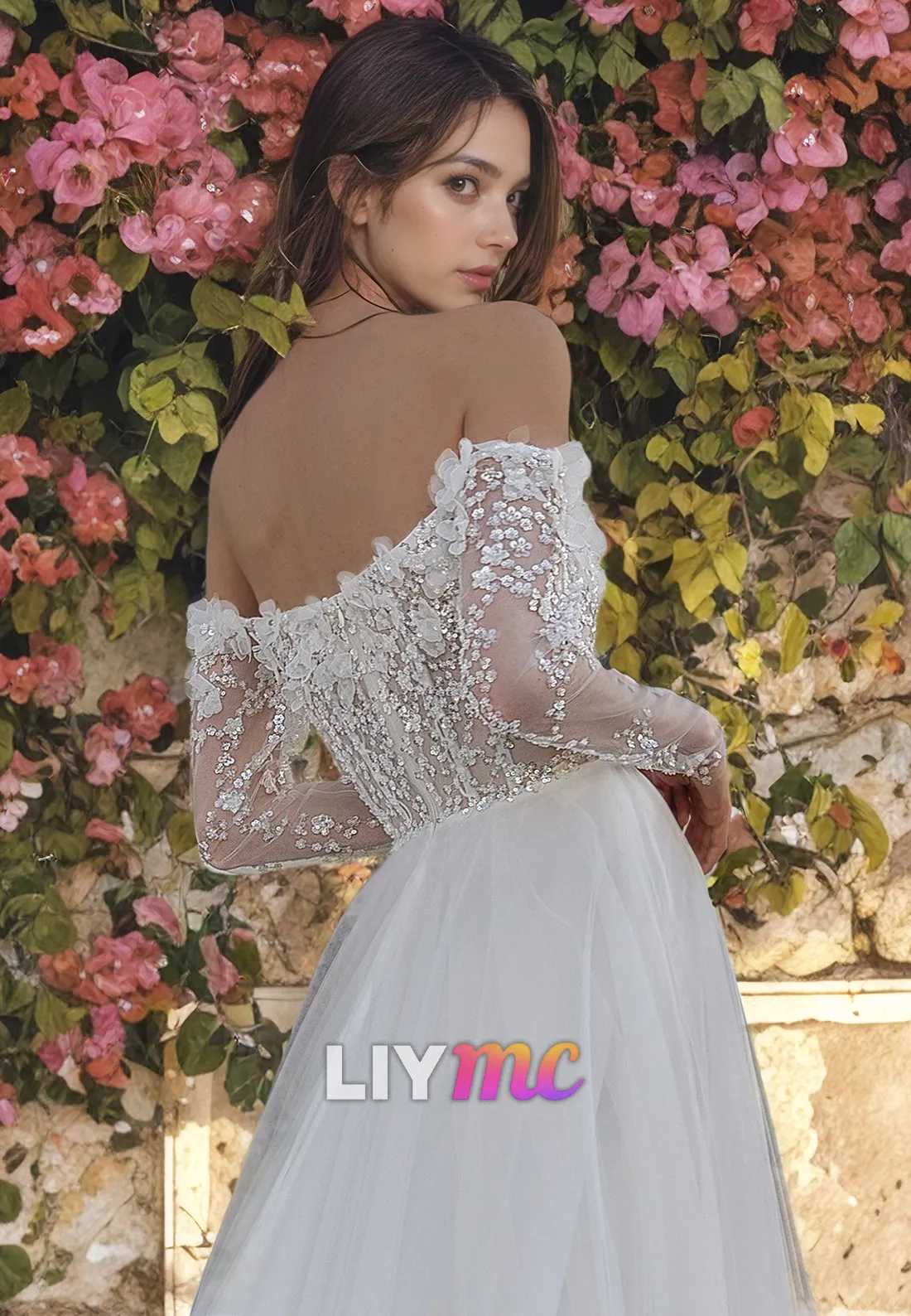LW090 - A Line Off Shoulder Long Sleeves Appliqued Sequins Tulle Long Wedding Dress