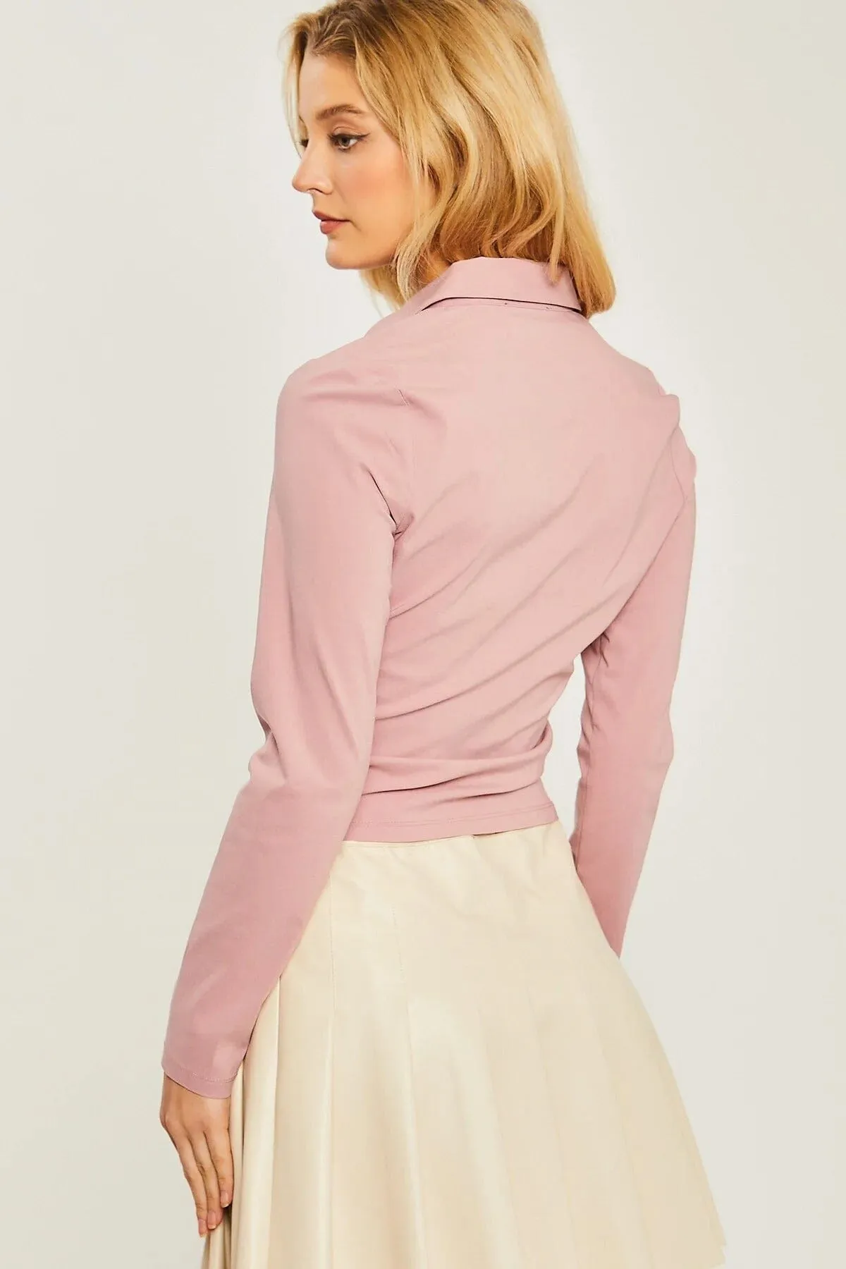 Mauve Pink Woven Ruched Front Button Down Collar Long Sleeve Slim Fit Crop Top Shirts Blouse_
