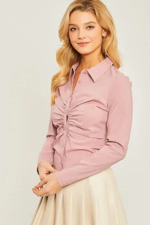 Mauve Pink Woven Ruched Front Button Down Collar Long Sleeve Slim Fit Crop Top Shirts Blouse_