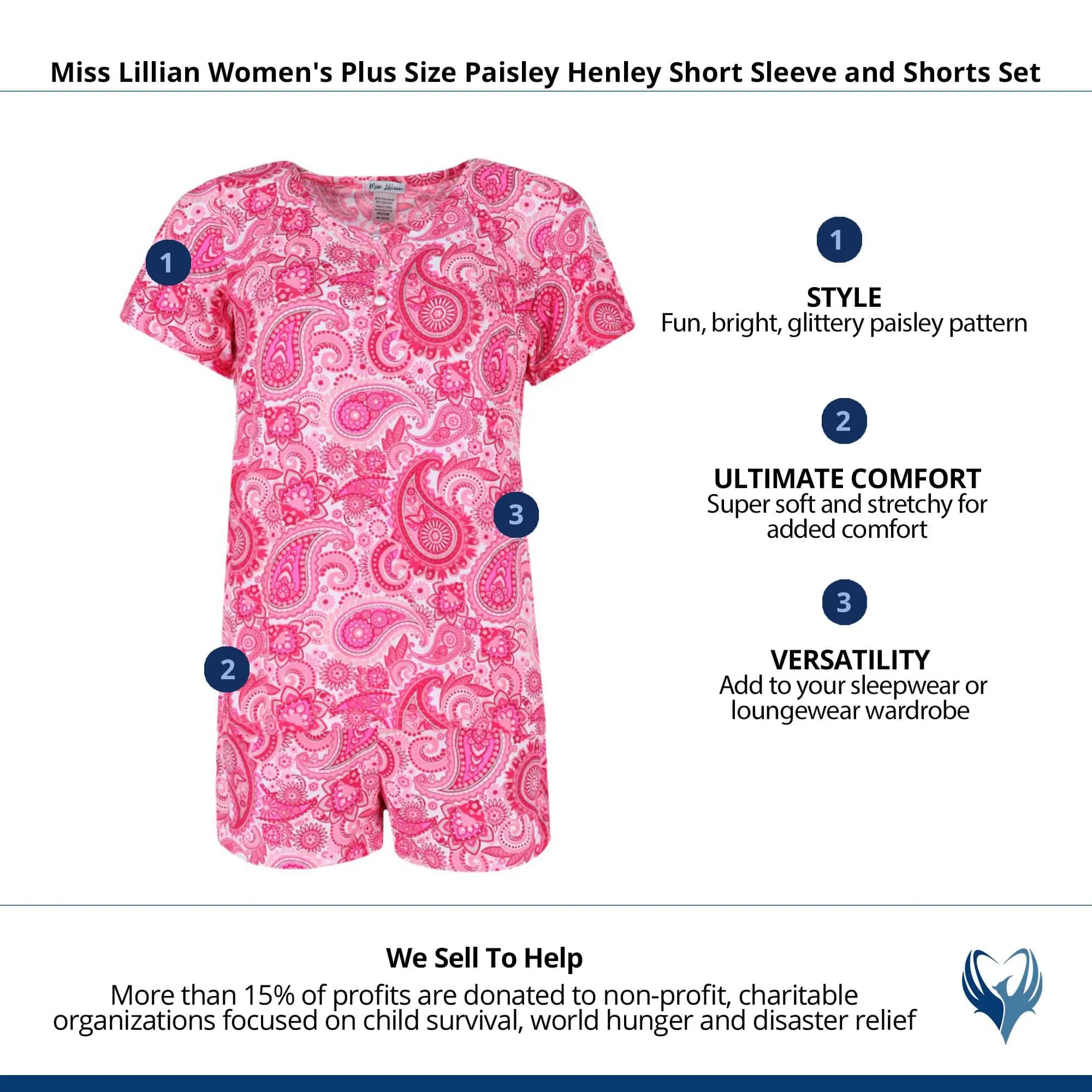 Miss Lillian Women's Plus Size Paisley Henley Short Sleeve and Shorts Set