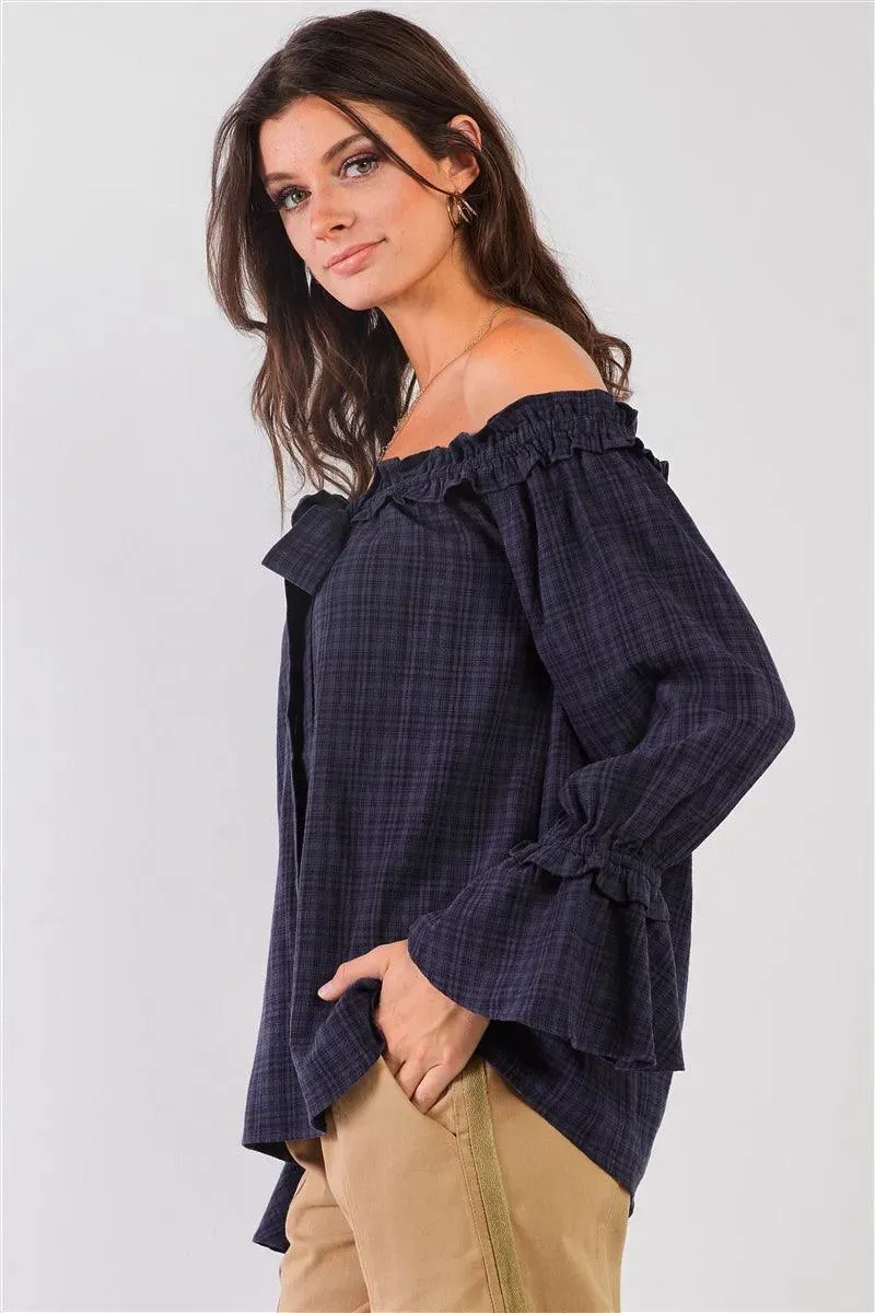 Navy Checkered Print Off-The-Shoulder Ruffle Trim Top /2-2-1