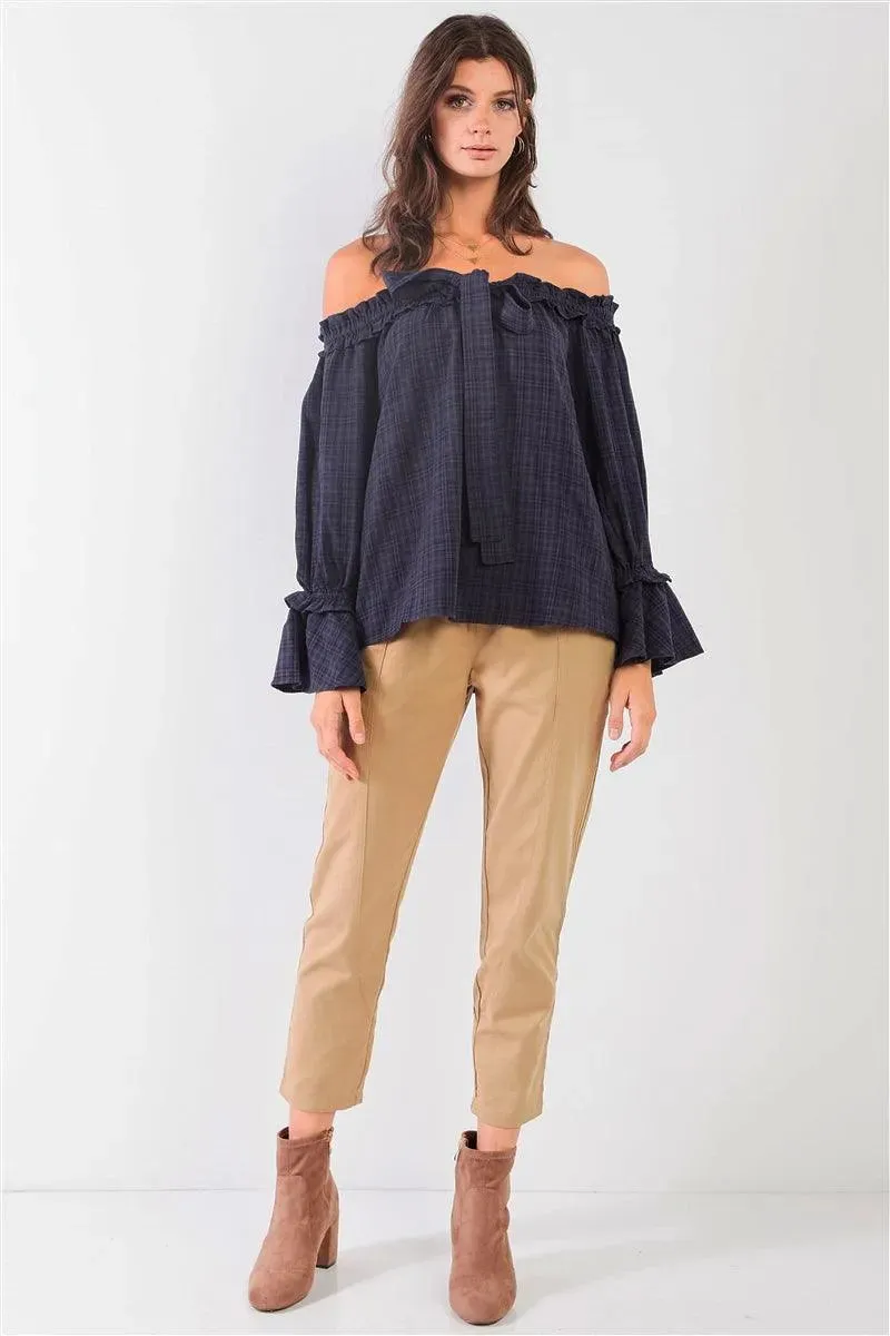 Navy Checkered Print Off-The-Shoulder Ruffle Trim Top /2-2-1