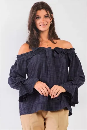 Navy Checkered Print Off-The-Shoulder Ruffle Trim Top /2-2-1