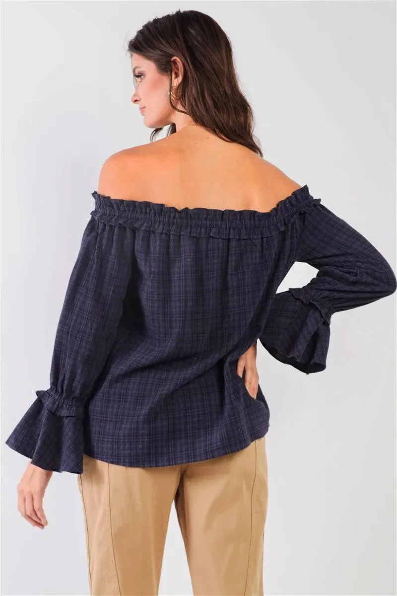 Navy Checkered Print Off-The-Shoulder Ruffle Trim Top /2-2-1