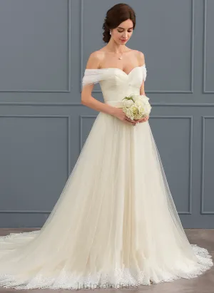 Off-the-Shoulder Wedding Dresses Wedding Ball-Gown/Princess Tulle With Dress Lace Ruffle Vera Train Court