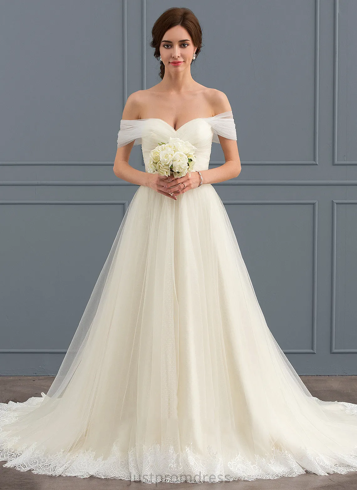 Off-the-Shoulder Wedding Dresses Wedding Ball-Gown/Princess Tulle With Dress Lace Ruffle Vera Train Court