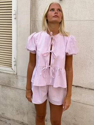 Pink Stripe Puff Sleeve Graceful Bow Top And Shorts Set