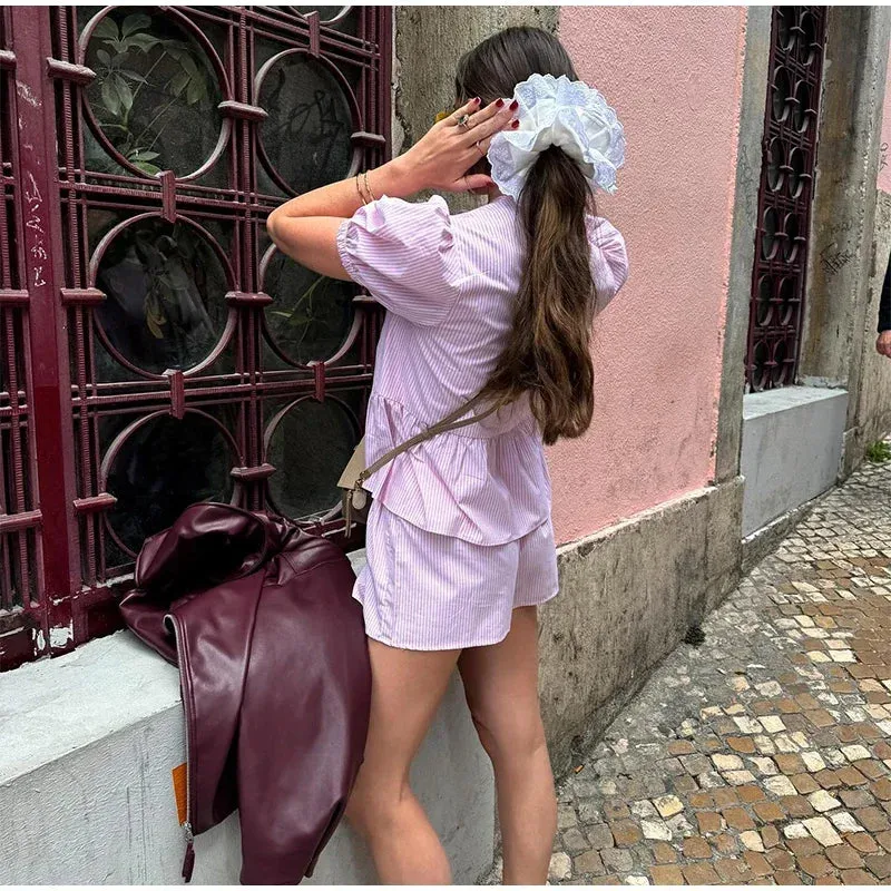 Pink Stripe Puff Sleeve Graceful Bow Top And Shorts Set