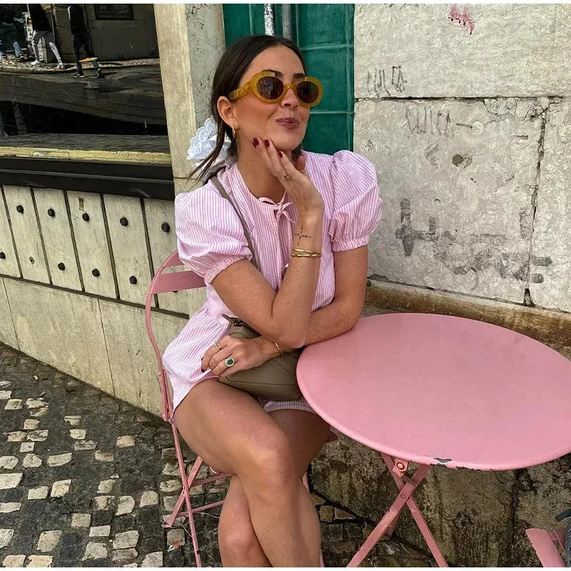 Pink Stripe Puff Sleeve Graceful Bow Top And Shorts Set