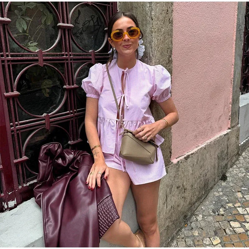 Pink Stripe Puff Sleeve Graceful Bow Top And Shorts Set