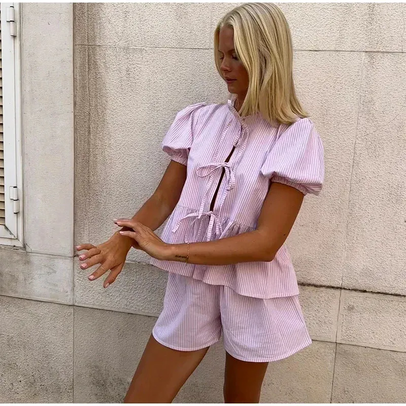 Pink Stripe Puff Sleeve Graceful Bow Top And Shorts Set