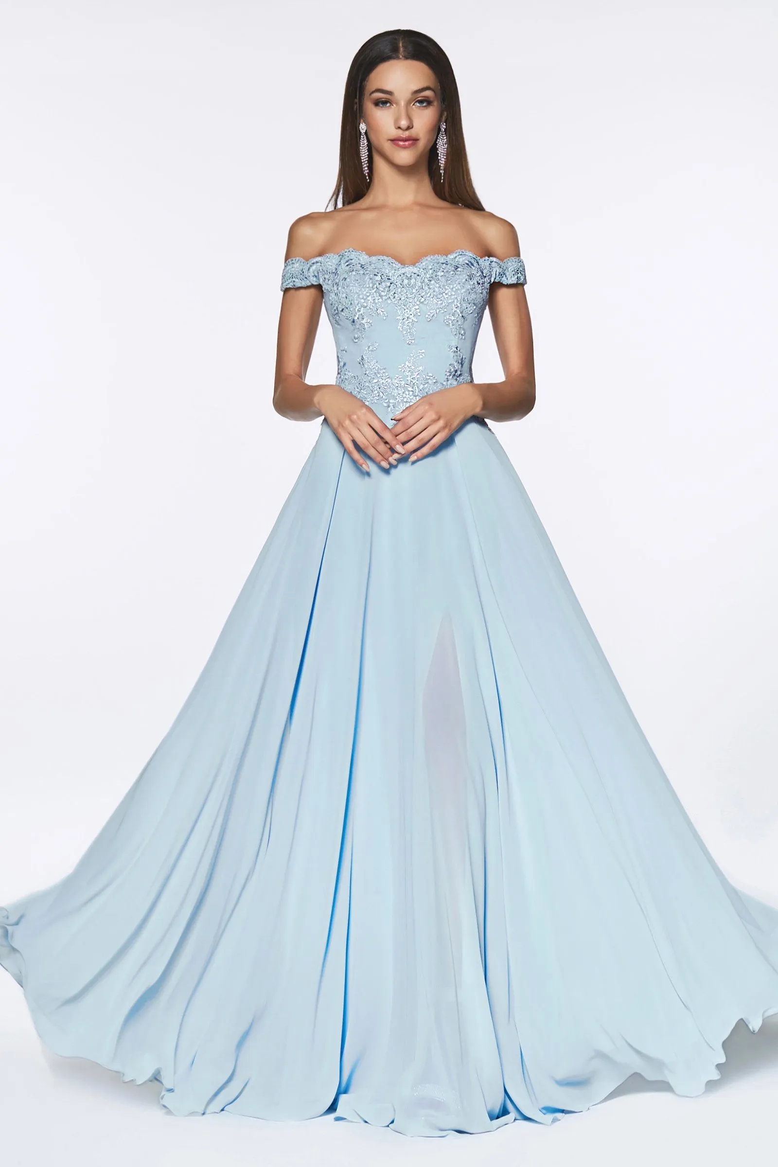 Plus Size Lace Bodice Off Shoulder Gown by Cinderella Divine 7258