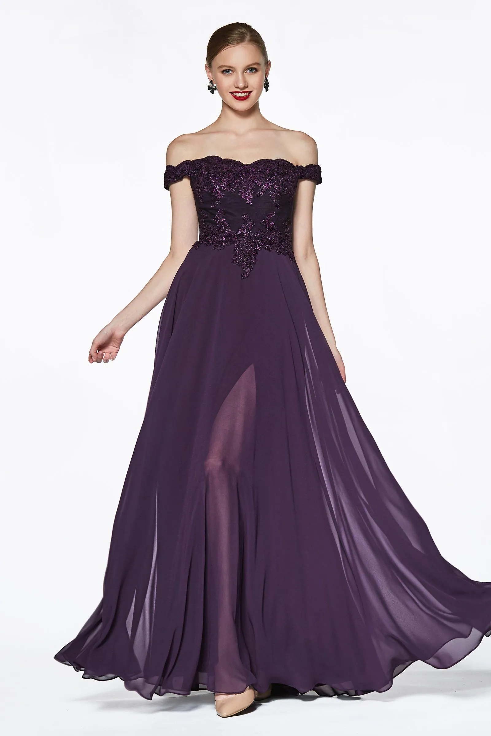 Plus Size Lace Bodice Off Shoulder Gown by Cinderella Divine 7258