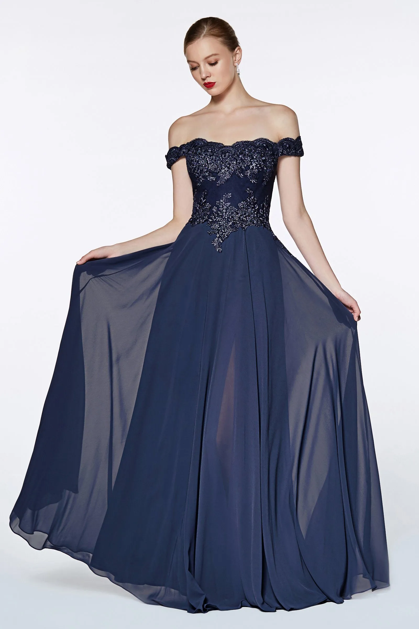 Plus Size Lace Bodice Off Shoulder Gown by Cinderella Divine 7258