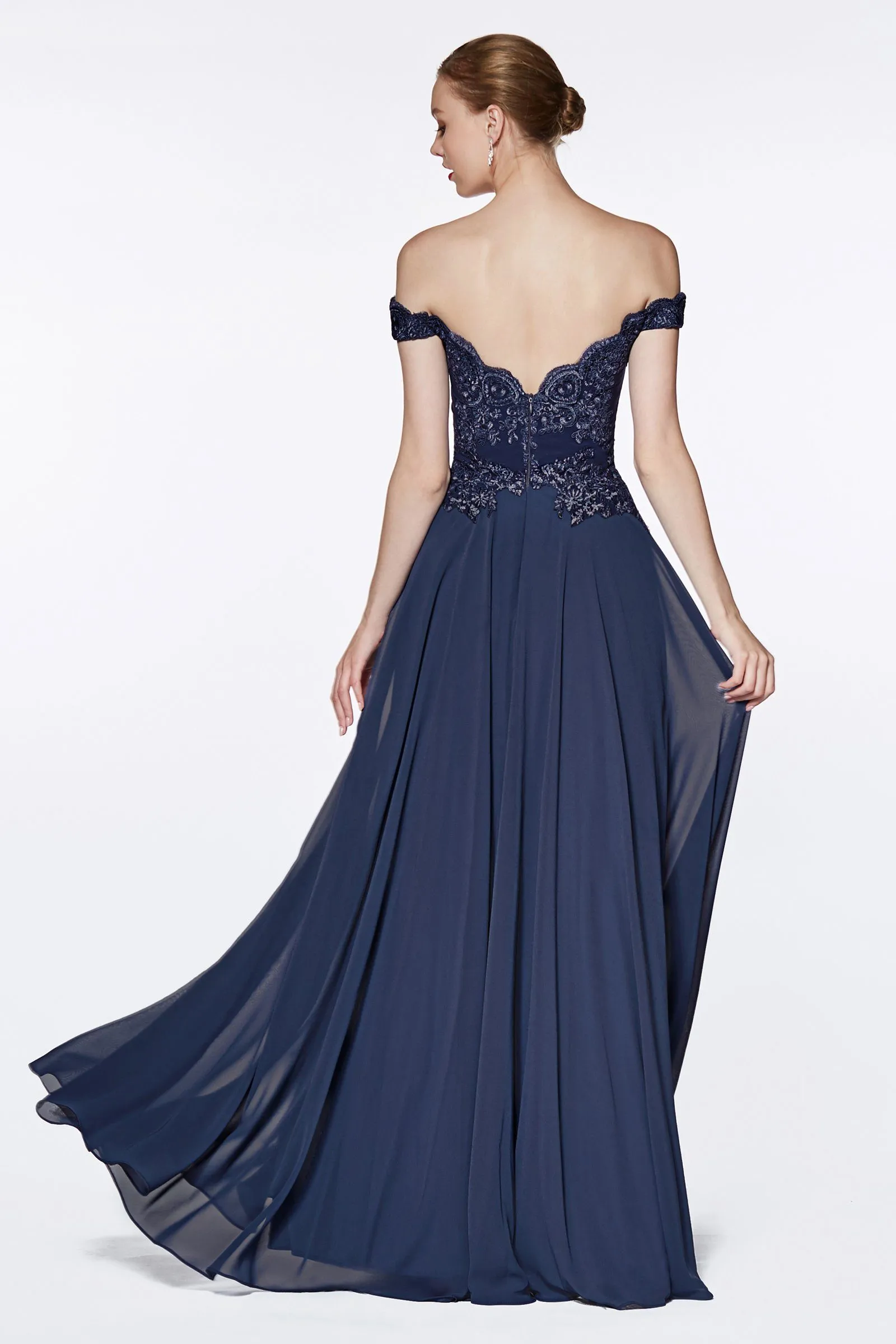 Plus Size Lace Bodice Off Shoulder Gown by Cinderella Divine 7258