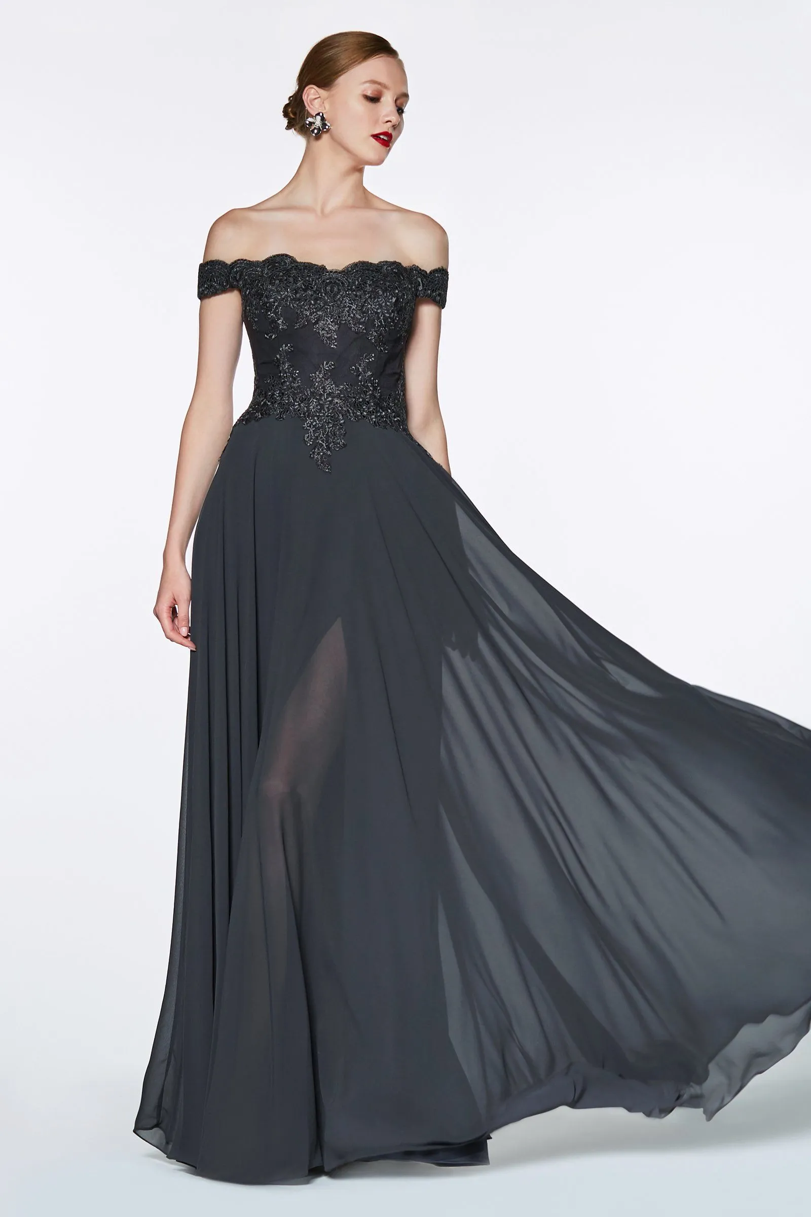 Plus Size Lace Bodice Off Shoulder Gown by Cinderella Divine 7258
