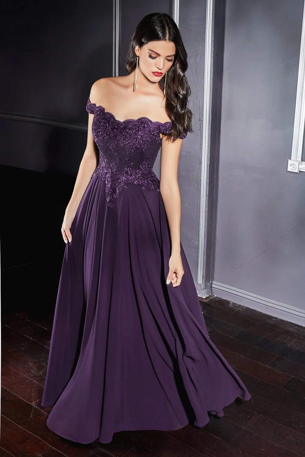 Plus Size Lace Bodice Off Shoulder Gown by Cinderella Divine 7258