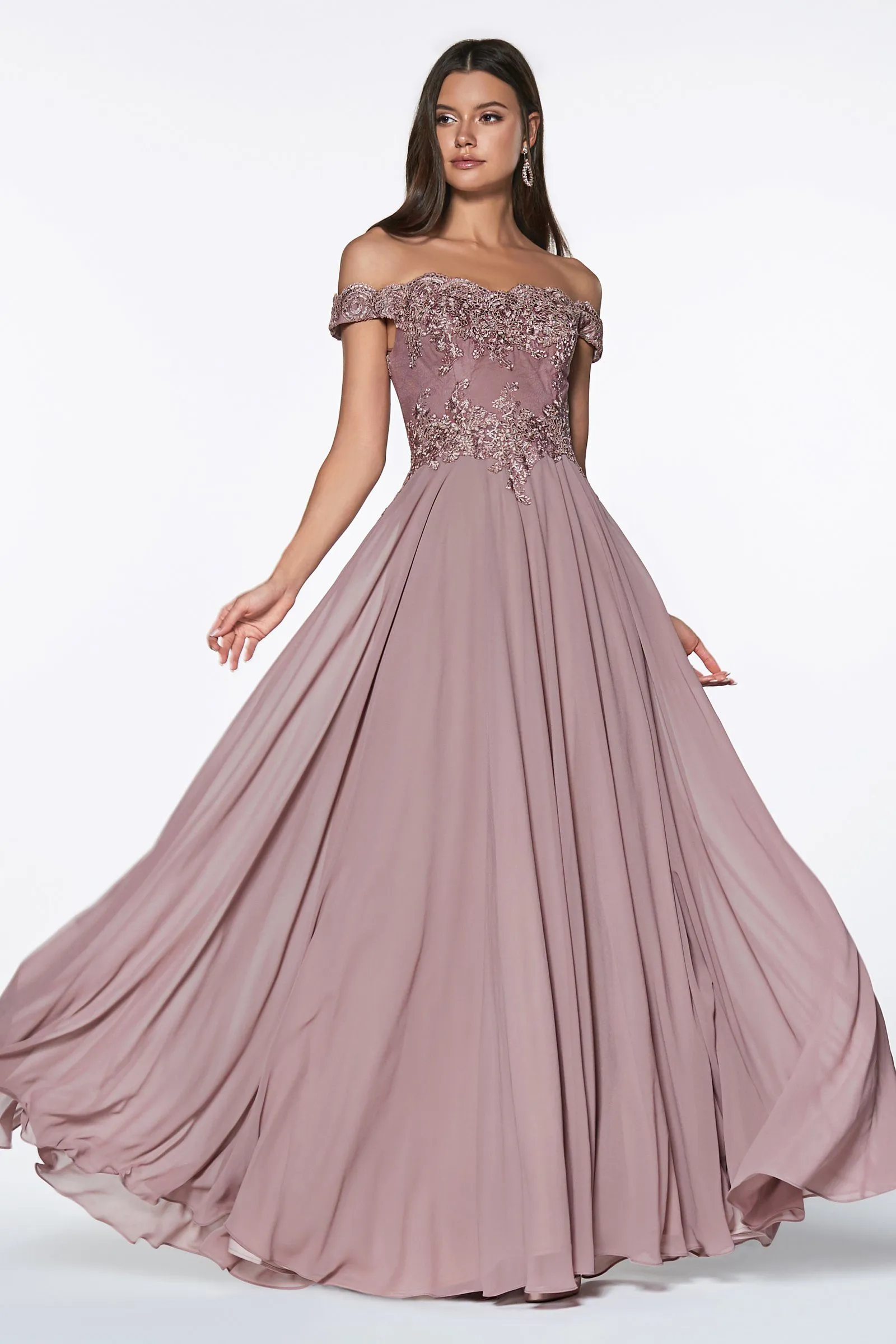 Plus Size Lace Bodice Off Shoulder Gown by Cinderella Divine 7258