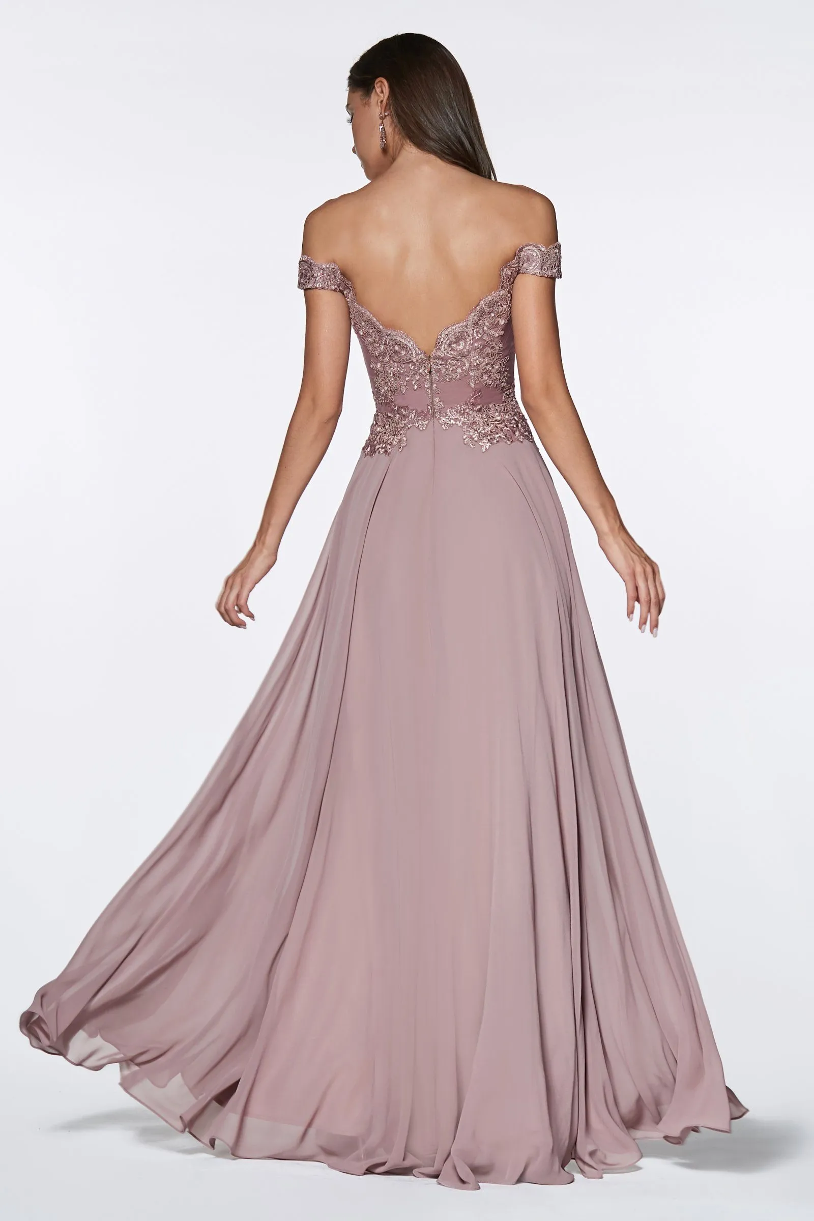 Plus Size Lace Bodice Off Shoulder Gown by Cinderella Divine 7258