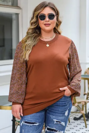 Plus Size Printed Dropped Shoulder Round Neck Blouse