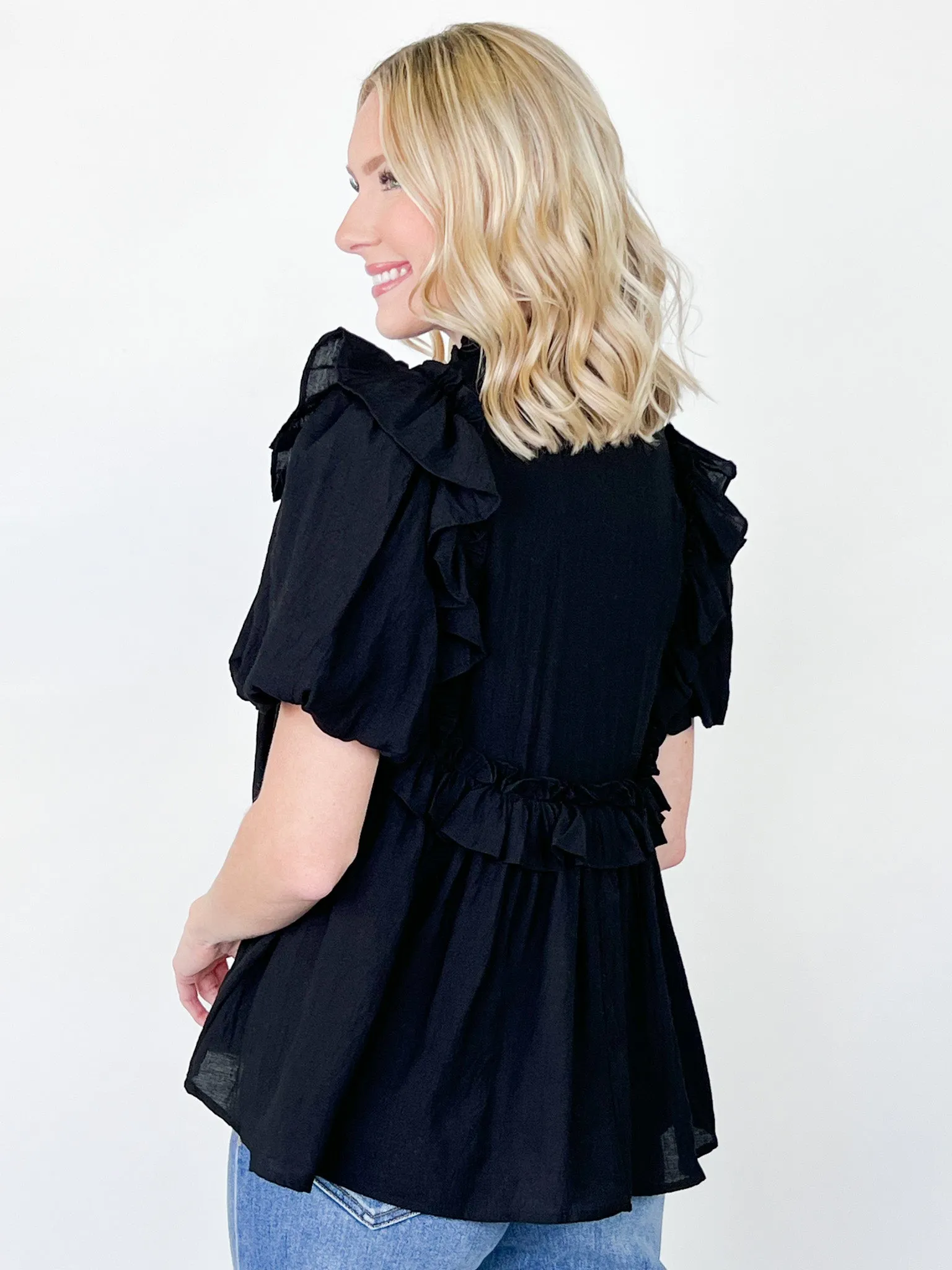 Presley - Black Ruffle Detail Blouse