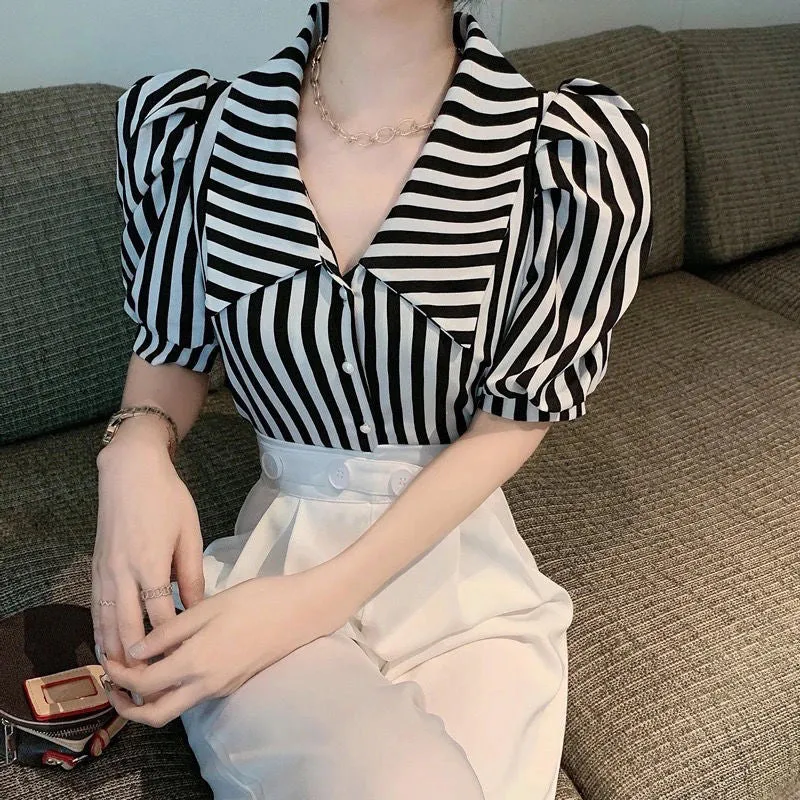 Puff Sleeve Red Striped Vintage Blouse Shirt