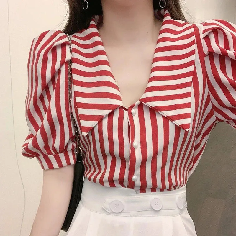 Puff Sleeve Red Striped Vintage Blouse Shirt