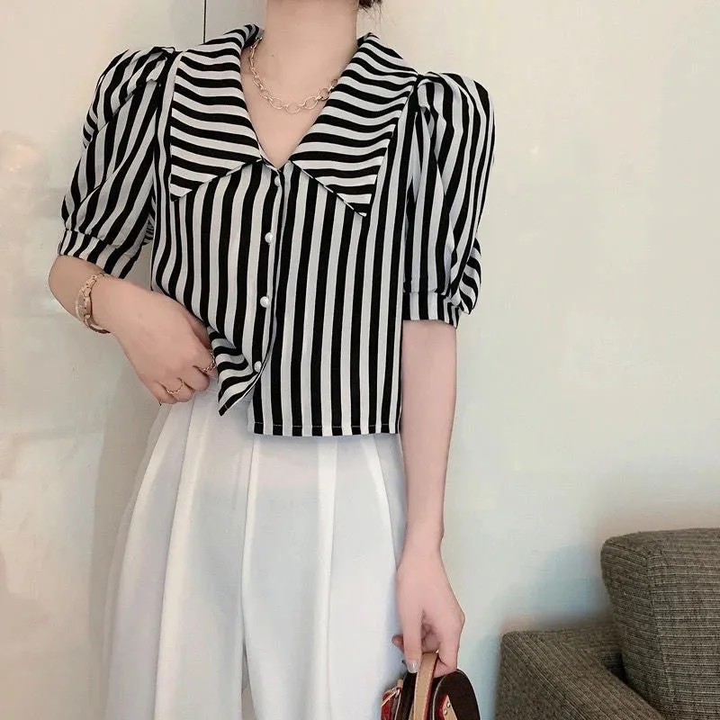 Puff Sleeve Red Striped Vintage Blouse Shirt