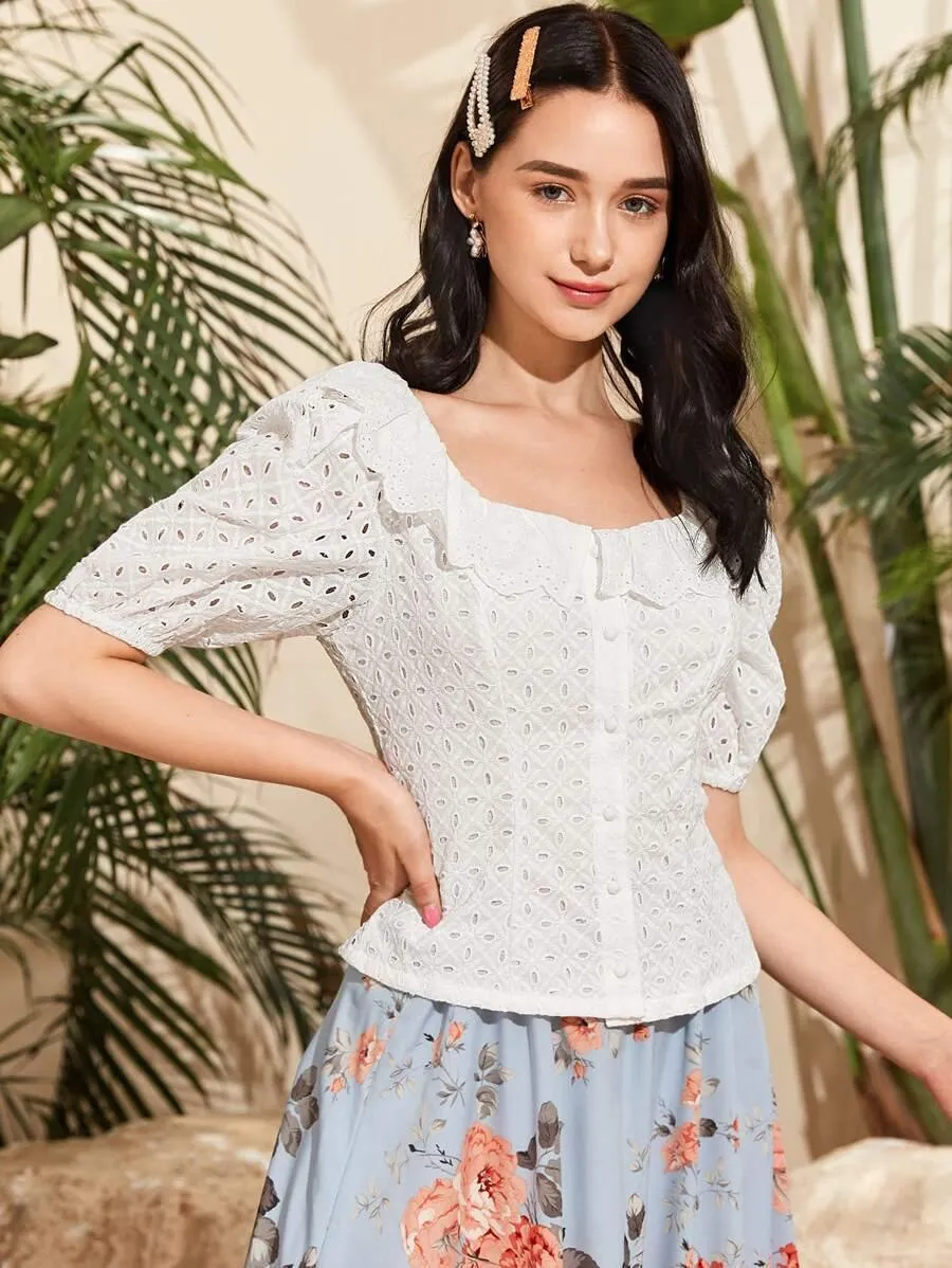 Puff Sleeve Ruffle Trim Buttoned Front Schiffy Blouse